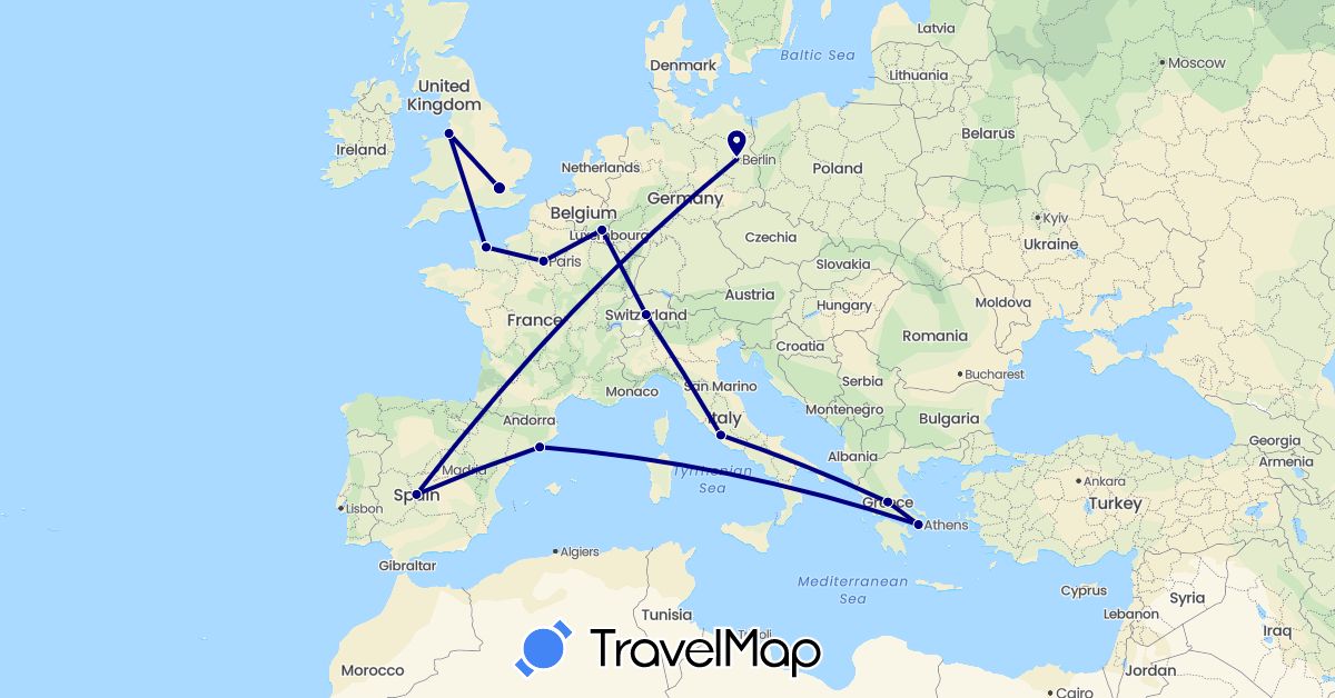 TravelMap itinerary: driving in Belgium, Switzerland, Germany, Spain, France, United Kingdom, Greece, Italy (Europe)